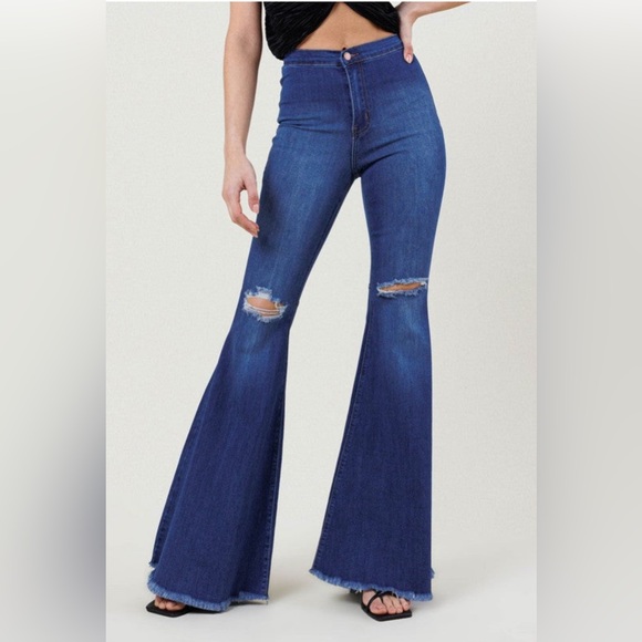 Vibrant Miu Flare Jeans Distressed Raw Hem High Rise Boho Denim size 11 - Picture 2 of 13